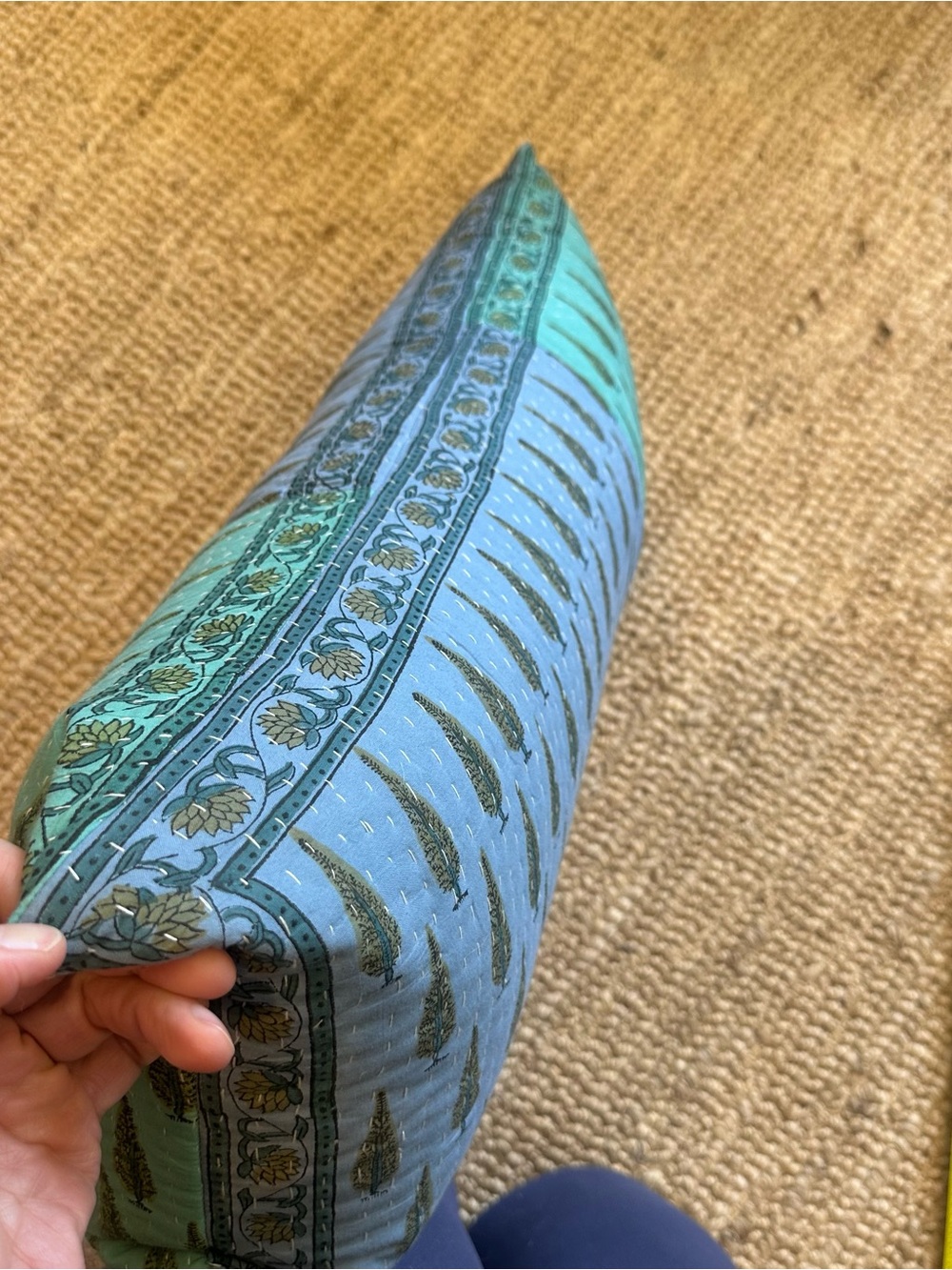 Anthropologie Kantha stitched Verbena Teal and Light Blue Lumbar Pillow